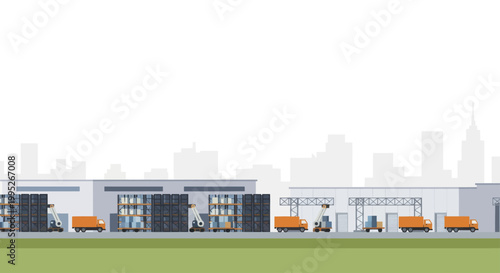 Industrial warehouse with delivery trucks and forklifts for logistics.