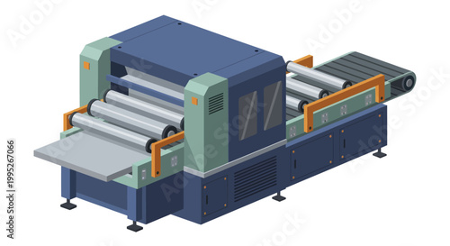 Isometric Industrial Conveyor Belt System with Rollers and Machinery.