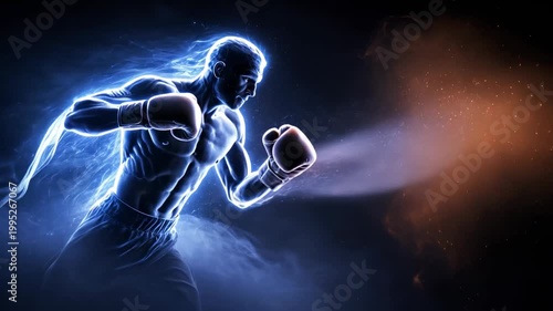 Blue glowing boxer punching bright energy blast on dark background, futuristic fighting scene, power strike concept, dynamic sport performance.