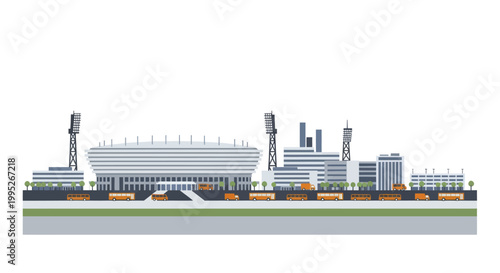 Modern Cityscape with Stadium and Industrial Buildings.