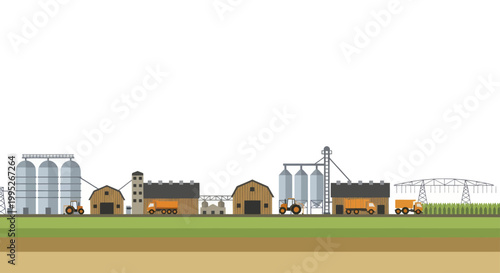 Modern Farm Buildings and Agricultural Machinery in a Row.