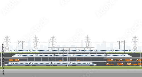Modern High Speed Trains on Elevated Tracks with Power Lines.