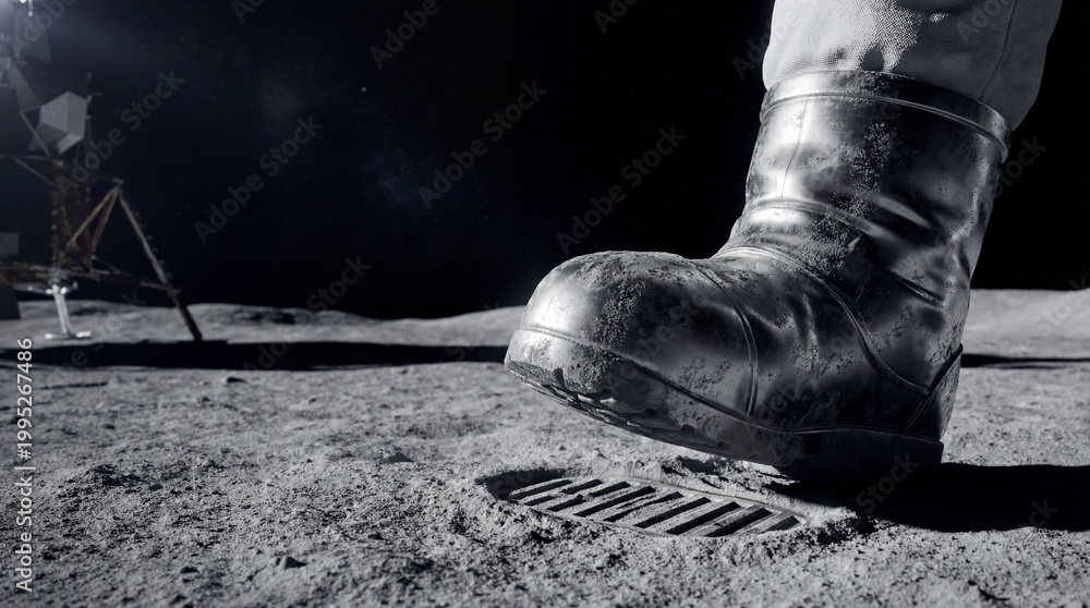 Fototapeta premium Astronaut boot stepping on the moon surface making a footprint in space