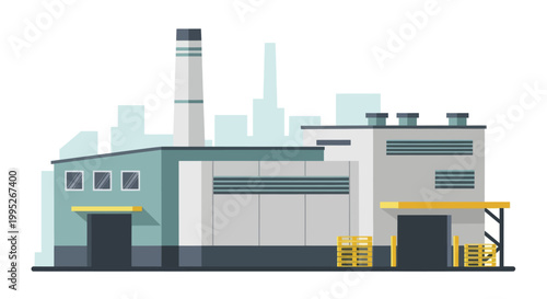 Modern Industrial Factory Building with Chimney and Loading Area.