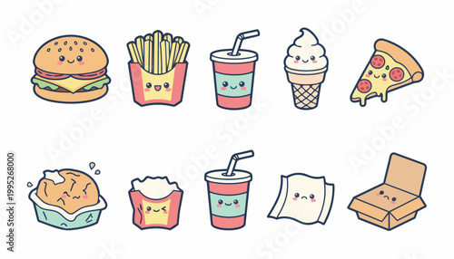 Kawaii Fast Food Icons with Cute Faces Vector Illustration
