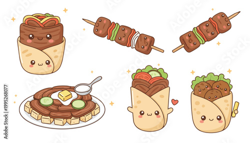 Kawaii Food Vector Illustration Kebabs, Wraps, and Plate