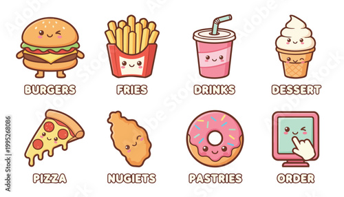 Kawaii Fast Food Icons Vector Collection