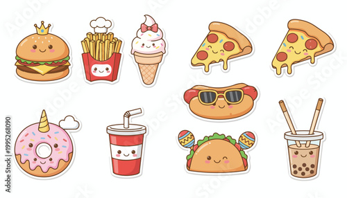 Kawaii Fast Food Sticker Pack Vector Illustration