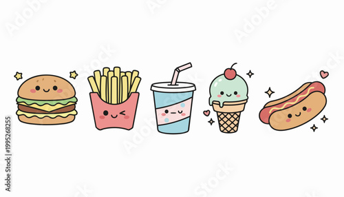 Kawaii Fast Food Vector Illustration Set
