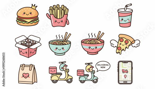 Kawaii Food Delivery Icons Vector Set