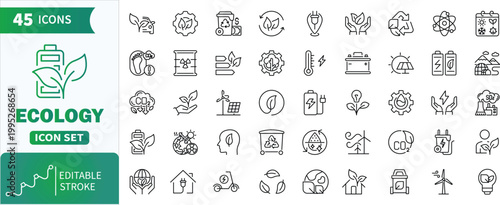 Ecology line icons set. Collection of nature, plant, save, climate change, footprint, carbon dioxide and more.