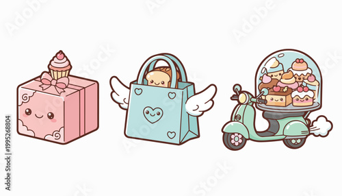 Kawaii Food Delivery Scooter with Cupcakes and Gift Box