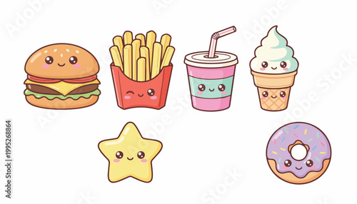 Kawaii Food Icons Burger, Fries, Drink, Ice Cream, Donut, Star