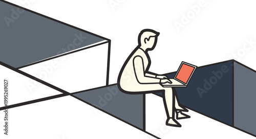 Man sitting on ledge with laptop.