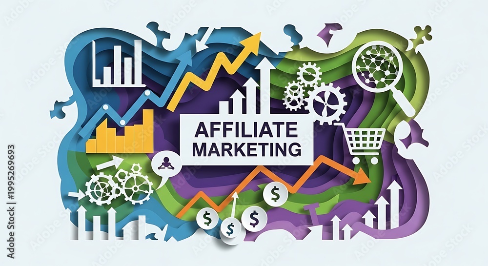 Fototapeta premium Affiliate Marketing Success: Growth, Charts, Gears, Shopping Cart, Magnifying Glass