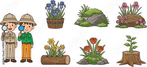 Cartoon explorers and plants illustration set with flowers, rocks and tree stump, nature discovery and gardening themed vector collection for kids education
