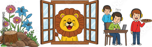 Cartoon lion in window, kids using headphones and flowers illustration set, nature, wildlife and lifestyle activities vector collection for education design