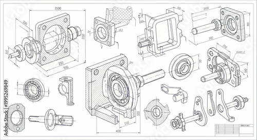 Detailed engineering blueprint of mechanical parts and components.