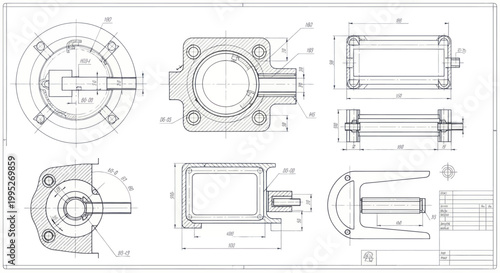 Detailed Engineering Blueprint of Mechanical Components with Dimensions.