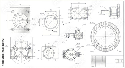Detailed Engineering Blueprint with Multiple Mechanical Component Views and Dimensions.