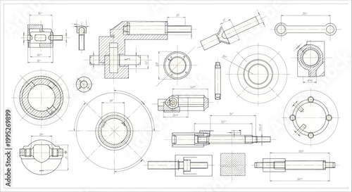 Detailed engineering blueprint with various mechanical components and dimensions.
