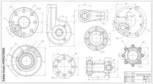 Billede på lærred Detailed Engineering Blueprints and Technical Drawings for Mechanical Components
