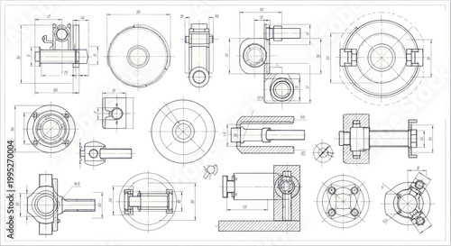 Detailed engineering blueprints and technical drawings of mechanical components.