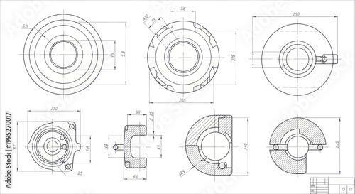 Detailed engineering drawing of a mechanical part with multiple views and dimensions.
