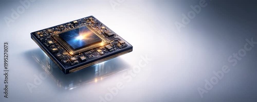 Wide isolated processor chip on clean white background with copy space, advanced microchip hardware mockup, technology product banner.