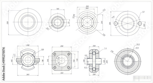 Detailed engineering drawings of various mechanical components with dimensions.