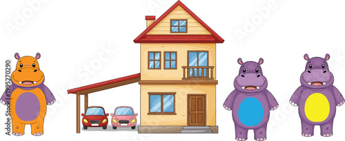 Cartoon house with garage and cars, cute hippopotamus characters in different colors illustration set, home and animal themed vector collection design
