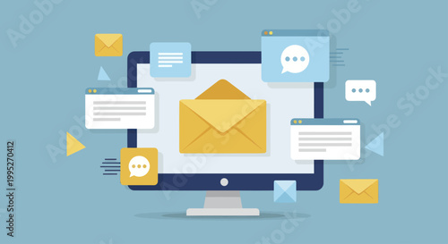 Email marketing campaign concept with computer screen and message notifications.