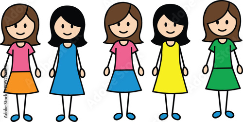 Cartoon girls characters set with different hairstyles and colorful dresses, simple kids people illustration for education, avatar and design collection