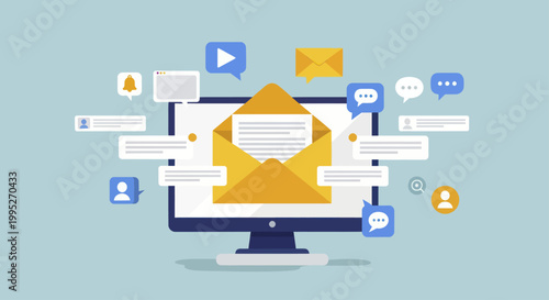 Email marketing campaign with open envelope and message notifications on computer screen.