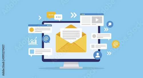 Email marketing campaign management on computer screen with notifications.