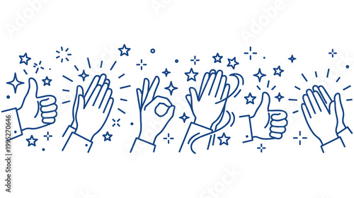Flat line blue icons of human hand gestures representing success applause support.
