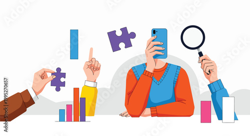 Group of professionals working together on a puzzle representing problem solving strategy and collaboration in a modern business or technical environment.