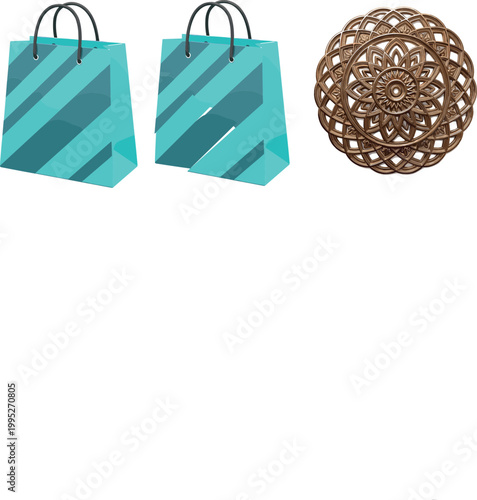 Shopping bags and decorative mandala ornament illustration set, retail packaging and ornamental pattern design elements vector collection isolated