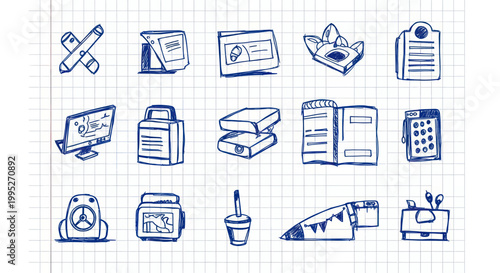 Hand-drawn blue ink doodles of various office and school supplies on a grid paper background.