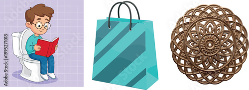 Cartoon boy reading on toilet, shopping bag and decorative mandala ornament illustration set, lifestyle, retail and design elements vector collection