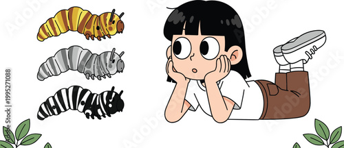 Cartoon girl observing caterpillars illustration, curious child lying and watching insects, kids learning and nature exploration vector design concept