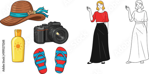 Summer accessories and woman character illustration set with hat, camera, sunscreen and flip flops, fashion and travel themed vector collection design