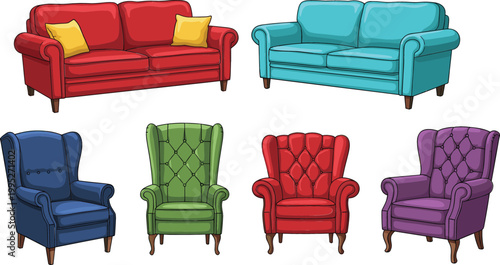Colorful sofa and armchair furniture set illustration, cartoon living room couches and chairs collection for interior design and home decor vector