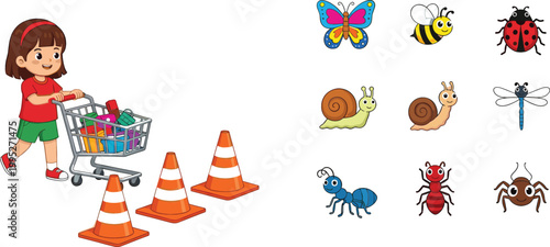 Cartoon girl shopping with cart and traffic cones, insects collection including butterfly, bee, snail and ant illustration set for kids education design