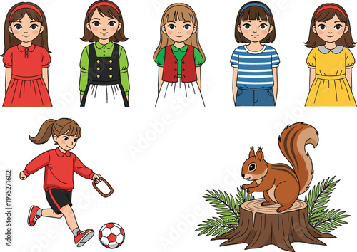 Cartoon girls avatars, soccer player child and squirrel illustration set, kids characters, sports and wildlife themed vector collection for education design