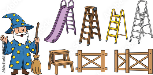 Cartoon wizard character with slide, ladders, stool and wooden fence illustration set, fantasy and construction objects vector collection for kids design