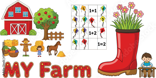Cartoon farm scene, math puzzle game, flower boots and kids studying illustration set, agriculture, education and playful learning vector collection design