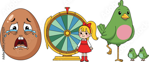 Cartoon crying egg, spinning wheel game, girl character and chicken with chicks illustration set, kids playful elements and farm themed vector collection