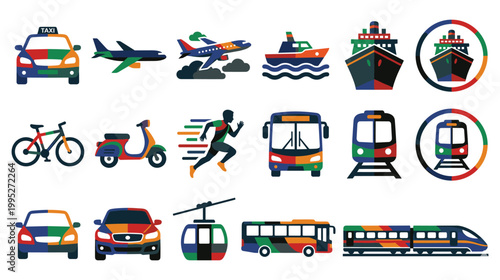 Various colorful transportation vehicles for travel and transit.