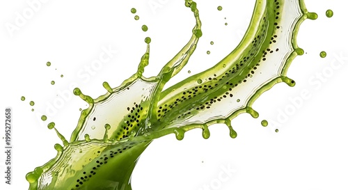 Dynamic green kiwi fruit juice splash isolated on white background with food photography refreshing beverage movement